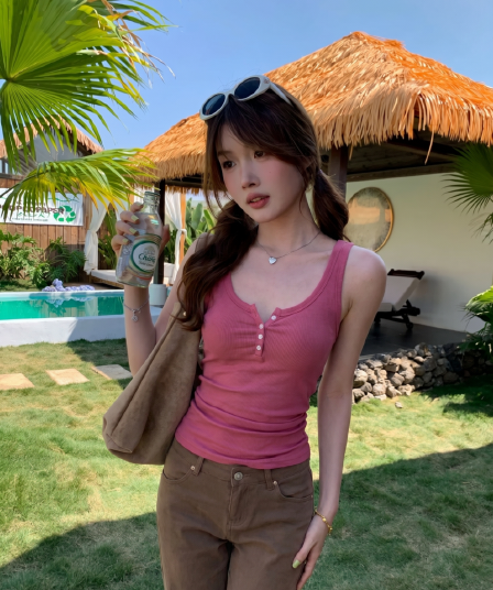 아메리칸 레트로 u 칼라 단추 하프 열기 민소매 허리 수축 조끼 여성 몸매 가꾸기 인사이드 가져 가라. 외출용 여름 새로운 맨위