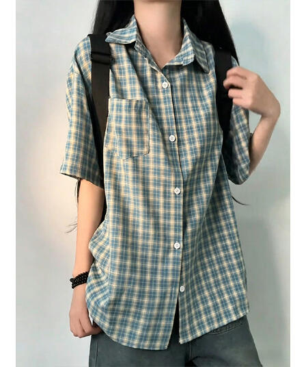 레트로 항구 바람 파란색 체크무늬 셔츠 반팔 여성 여름 ootd 착용 가져 가라. 디자인 센스 루즈핏 재킷 자외선 차단 셔츠