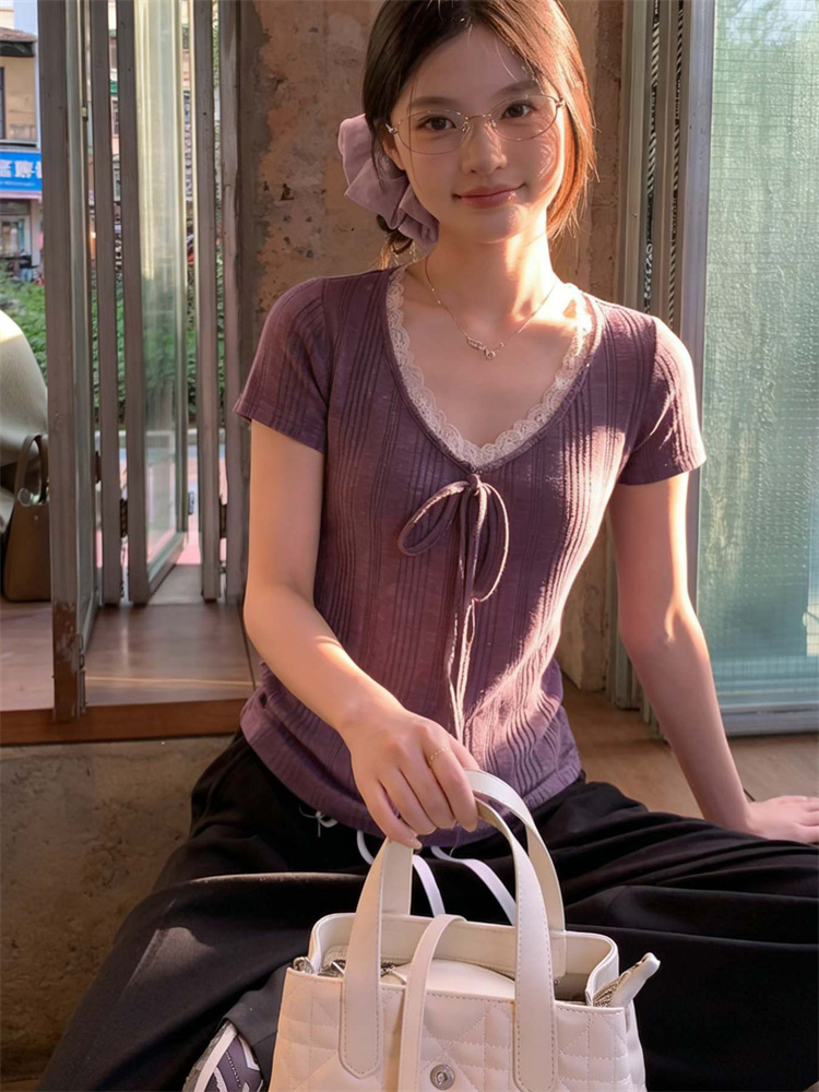 한국 스타일 아메리칸 대나무 마디 보라색 V넥 레이스 스트랩 반팔 티셔츠 여성 여름 한 부서 몸매 가꾸기 슬림해 보이는 다용도 맨위 트렌디