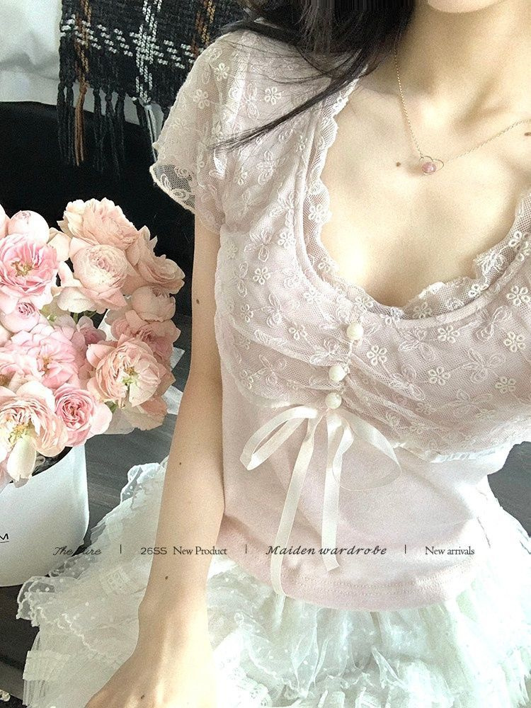 한국 스타일 아메리칸 모달 부드러운 레이스 조각 티셔츠 여성 여름 펌프 Pleat 레이스업 허리 수축 슬림해 보이는 달콤한 자매 맨위