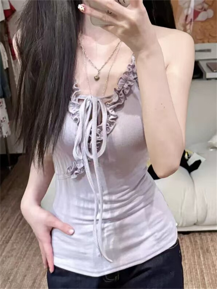 아메리칸 레트로 모달 프랑스식 V넥 레이스 주름 행침 목 캐미솔 순수한 욕망 핫걸 슬림해 보이는 맨위