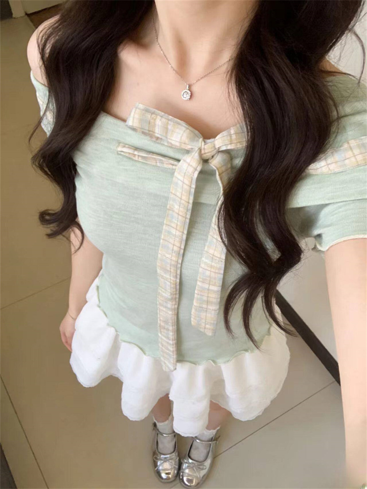 한국 스타일 아메리칸 양면 주름 주름 면 여름 체크무늬 동점 벨트 측면 칼라 반팔 티셔츠 여성 프릴 몸매 가꾸기 맨위 트렌디