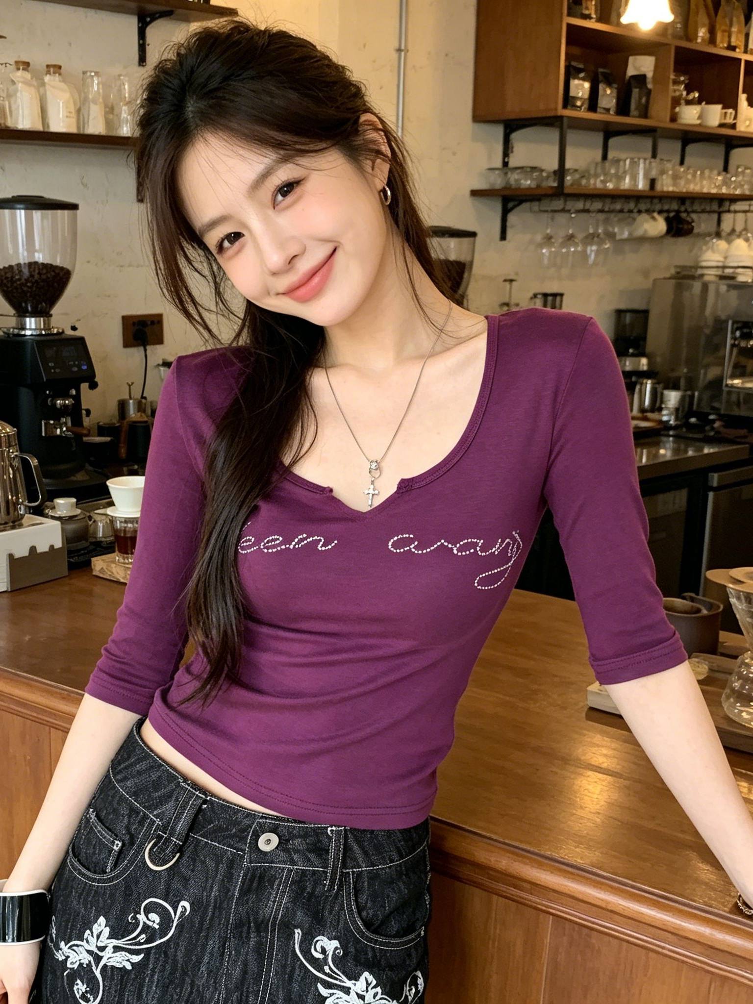 한국 스타일 아메리칸 고급 센스 u 칼라 핫픽스 중간 소매 맨위 여성 여름 몸매 가꾸기 슬림해 보이는 캐주얼 다용도 반팔 티셔츠 트렌디