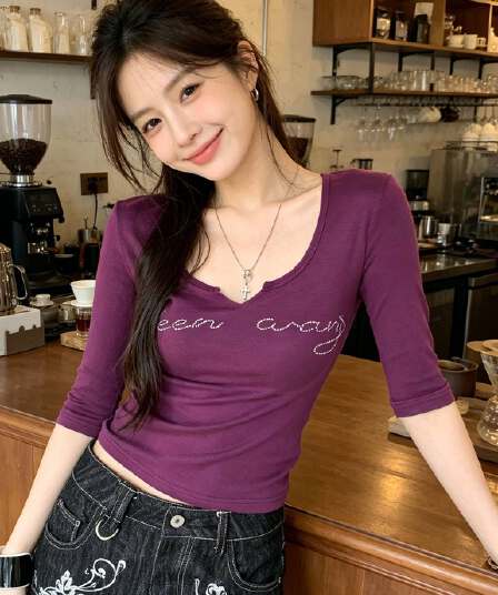 한국 스타일 아메리칸 고급 센스 u 칼라 핫픽스 중간 소매 맨위 여성 여름 몸매 가꾸기 슬림해 보이는 캐주얼 다용도 반팔 티셔츠 트렌디
