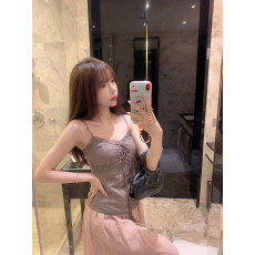 批发亚麻天丝纯欲风辣妹木耳边系带背心吊带女装夏季别致减龄显瘦上衣