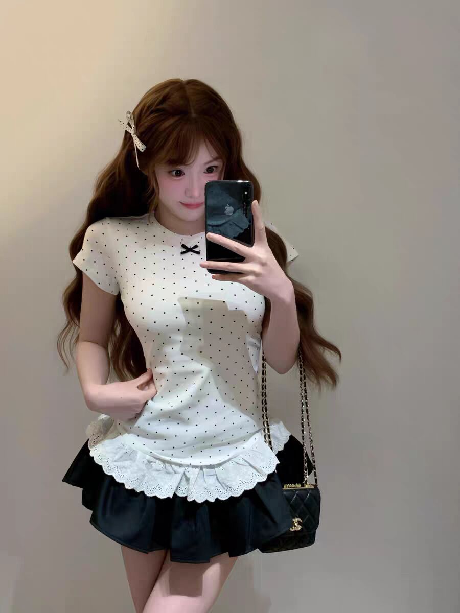 한국 스타일 아메리칸 여름 새로운 레이스 레이스 패치워크 도트 무늬 반팔 티셔츠 여성 몸매 가꾸기 슬림해 보이는 핫걸 맨위 트렌디