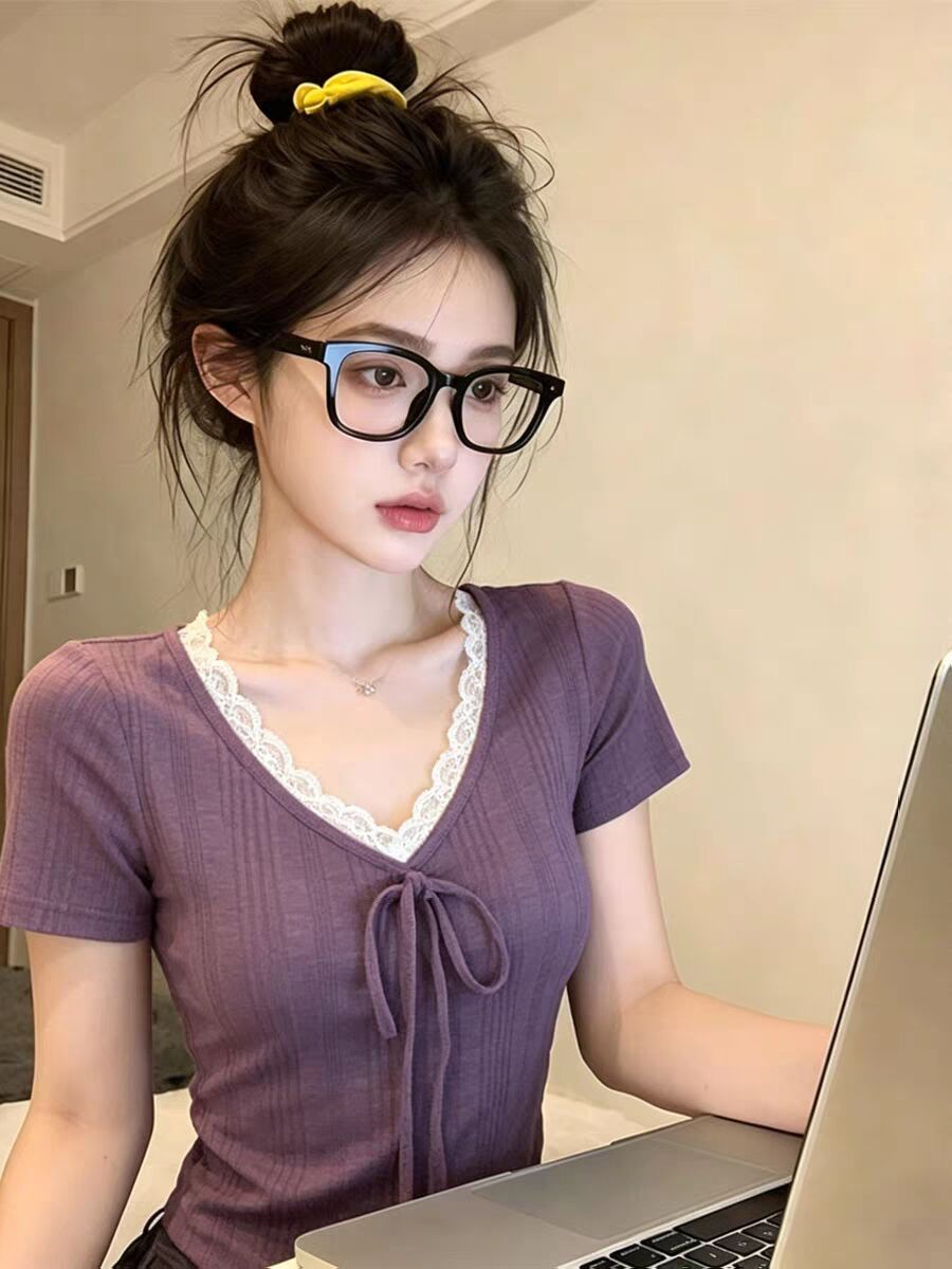 한국 스타일 아메리칸 여름 새로운 불규칙 구덩이 기사 한 부서 작은 대중 레이스 레이스 레이스업 V넥 반팔 티셔츠 여성