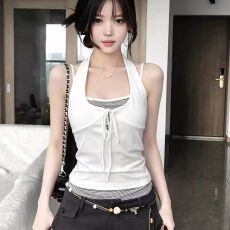 批发美式纯欲内搭挂脖上衣女夏季新款假两件条纹背心辣妹美背外穿吊带