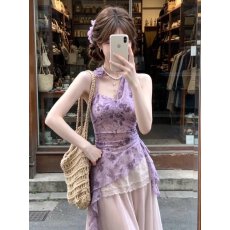 批发韩版美式不规则碎花挂脖吊带背心女夏季荷叶边收腰纯欲辣妹上衣潮