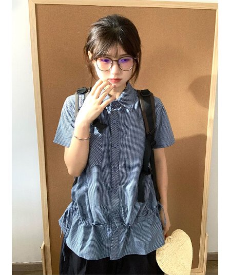 한국 스타일 아메리칸 체크무늬 반팔 여성 셔츠 여름 펌프 로프 허리 수축 레이스 셔츠 재킷 캐주얼 학원 스타일 맨위
