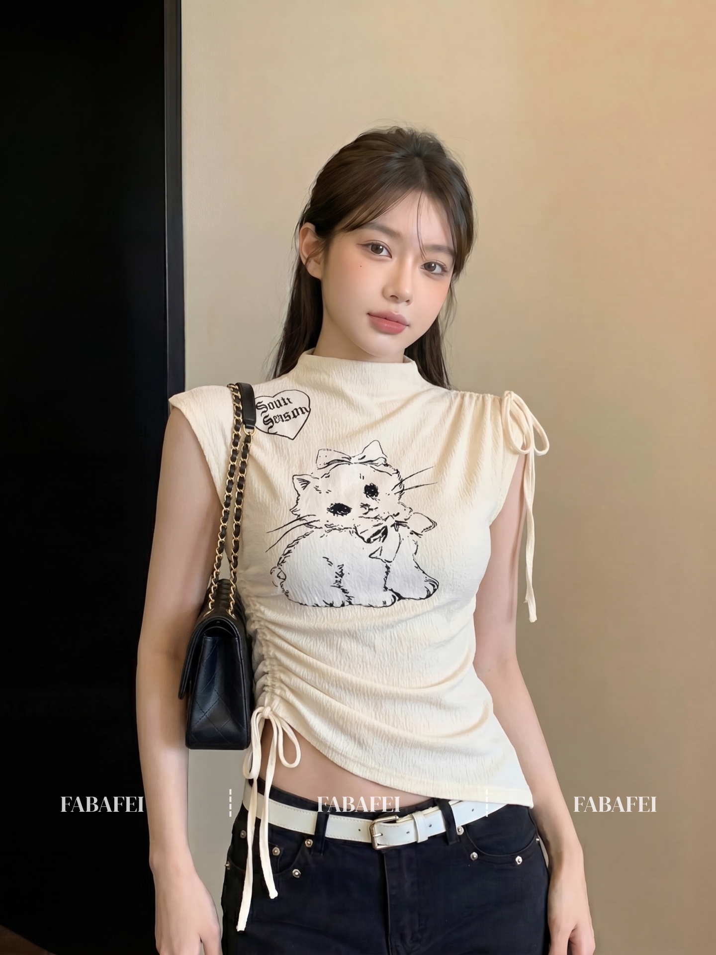 달콤한 자매 바람 고양이 프린트 펌프 로프 티셔츠 여성 여름 섹션 풀오버 반하이넥 작은 날다 소매 동정 허리 수축 슬림해 보이는 맨위