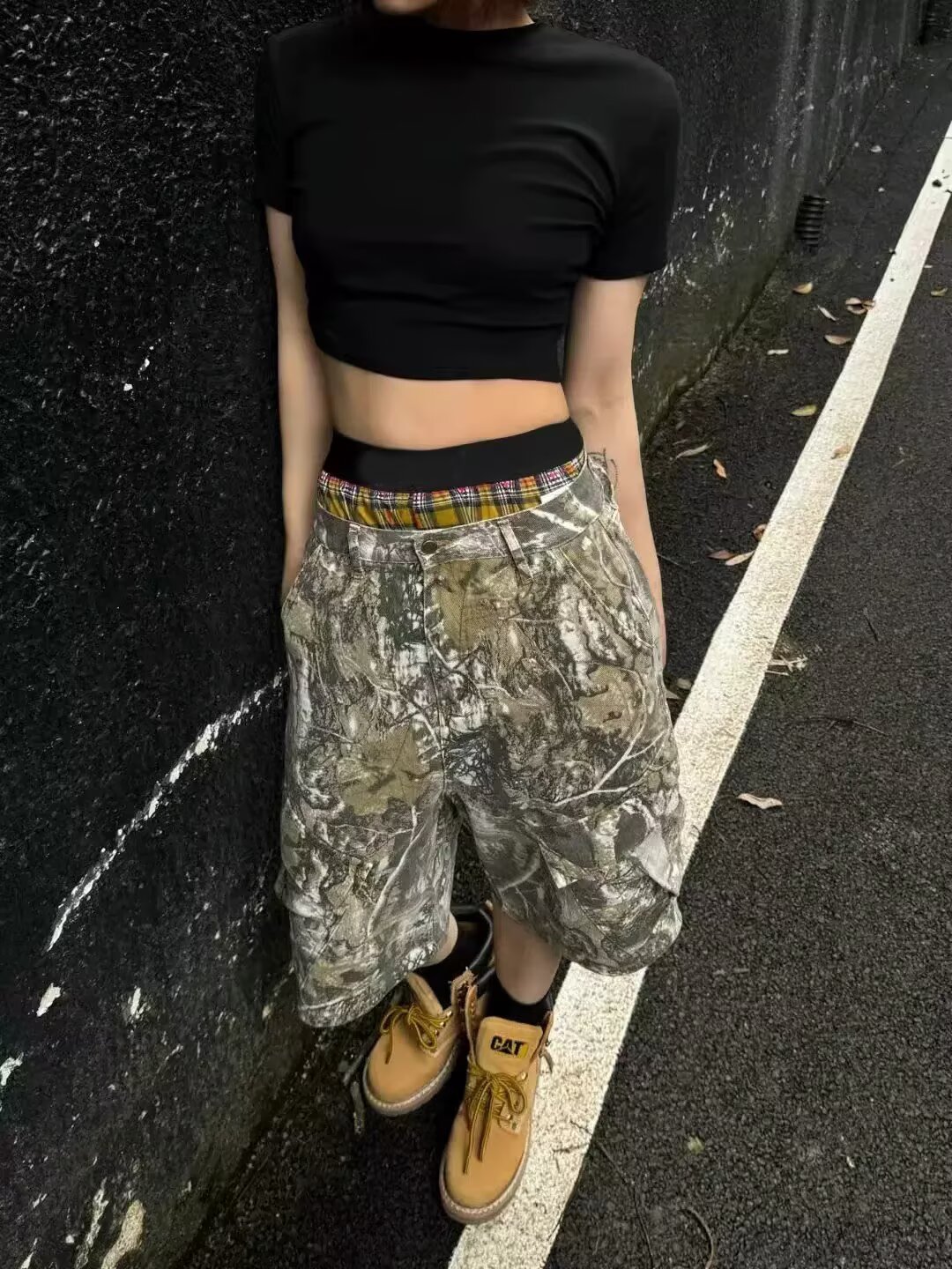 아메리칸 cleanfit 레트로 마 오래된 나뭇가지 카모플라주 워크웨어 반바지 남녀 캐주얼 무릎 아래 하프 포인트 바지 문예 트렌디