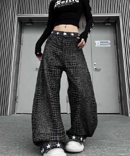 아메리칸 거리 레트로 별 자수 균열 모통이 칼 청바지 남녀 루즈핏 넓은 다리 웃음 하 캐주얼 긴 바지 트렌디
