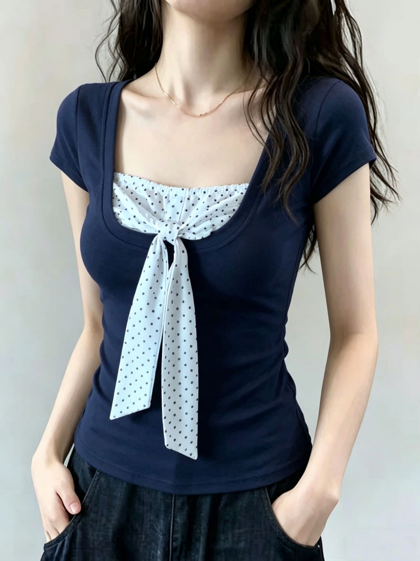 한국 스타일 아메리칸 여름 새로운 배색 페이크 레이어드 광장 칼라 반팔 티셔츠 여성 도트 무늬 나비 매듭 슬림해 보이는 맨위