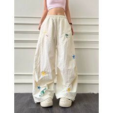美式复古刺绣休闲卫裤女直筒街头阔腿拖地长裤百搭新款文艺潮流