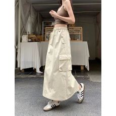 批发韩版夏季新款美式复古抽绳<b class='q'>工装</b>半身裙开叉高腰宽松A字中长裙子女