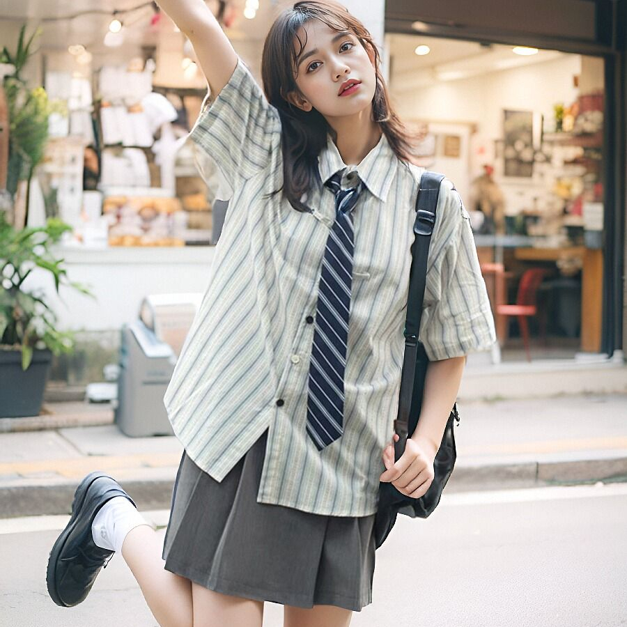 있음 넥타이 한국 아메리칸 여름 새로운 스트라이프 셔츠 루즈핏 아메리칸 여성 레트로 셔츠 디자인 센스 작은 대중