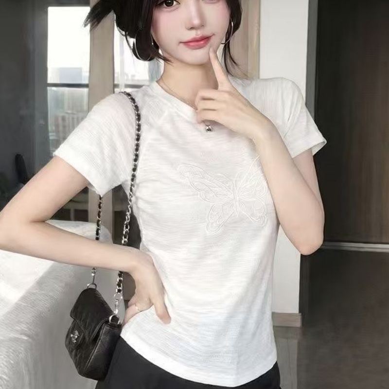 한국 스타일 여름 새로운 나비 정밀 자수 다림질 전체 조각 화이트 나비 자수 삽입 어깨 반팔 티셔츠 여성