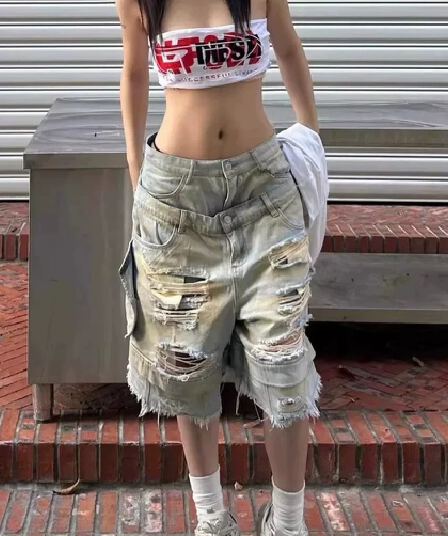 아메리칸 높음 거리 웃음 하 칼 절단 페이크 레이어드 찢어진 부분 데님 반바지 남자 여름 더블 바지 넓은 다리 바지 7부 바지