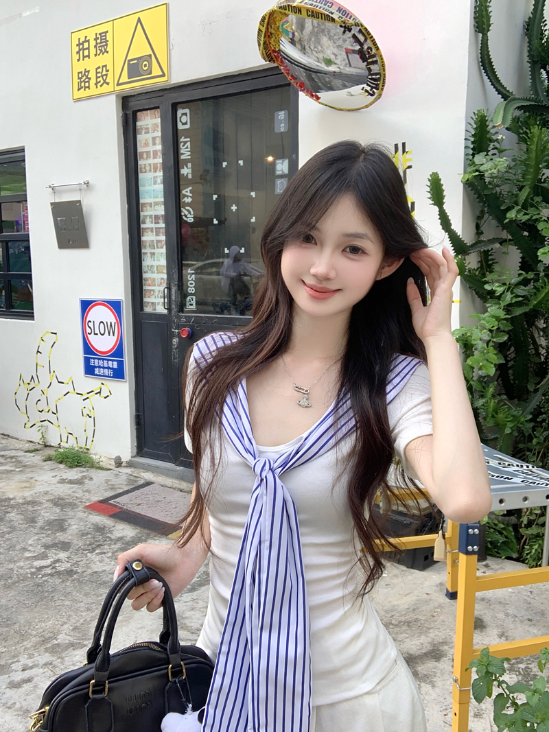 한국 스타일 아메리칸 페이크 레이어드 해군 칼라 반팔 티셔츠 여성 여름 새로운 긍정적 인 어깨 주름 허리 수축 쇼트 스타일 작은 맨위