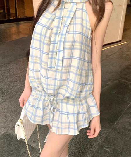 한 부서 ins 연령 감소 나비 매듭 체크무늬 행침 목 여성 드레스 여름 품격 캐주얼 슬림해 보이는 A라인 스커트 미니 스커트 트렌디