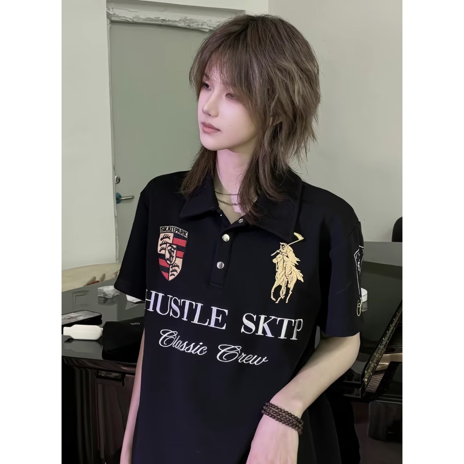 한국 스타일 새로운 아메리칸 여름 레이싱 티셔츠 무거운 자수 긍정적 인 어깨 POLO 칼라 단추 오토바이 반팔 여성 트렌디