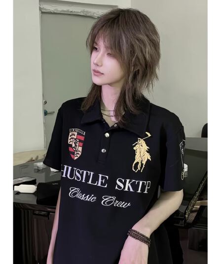 한국 스타일 새로운 아메리칸 여름 레이싱 티셔츠 무거운 자수 긍정적 인 어깨 POLO 칼라 단추 오토바이 반팔 여성 트렌디