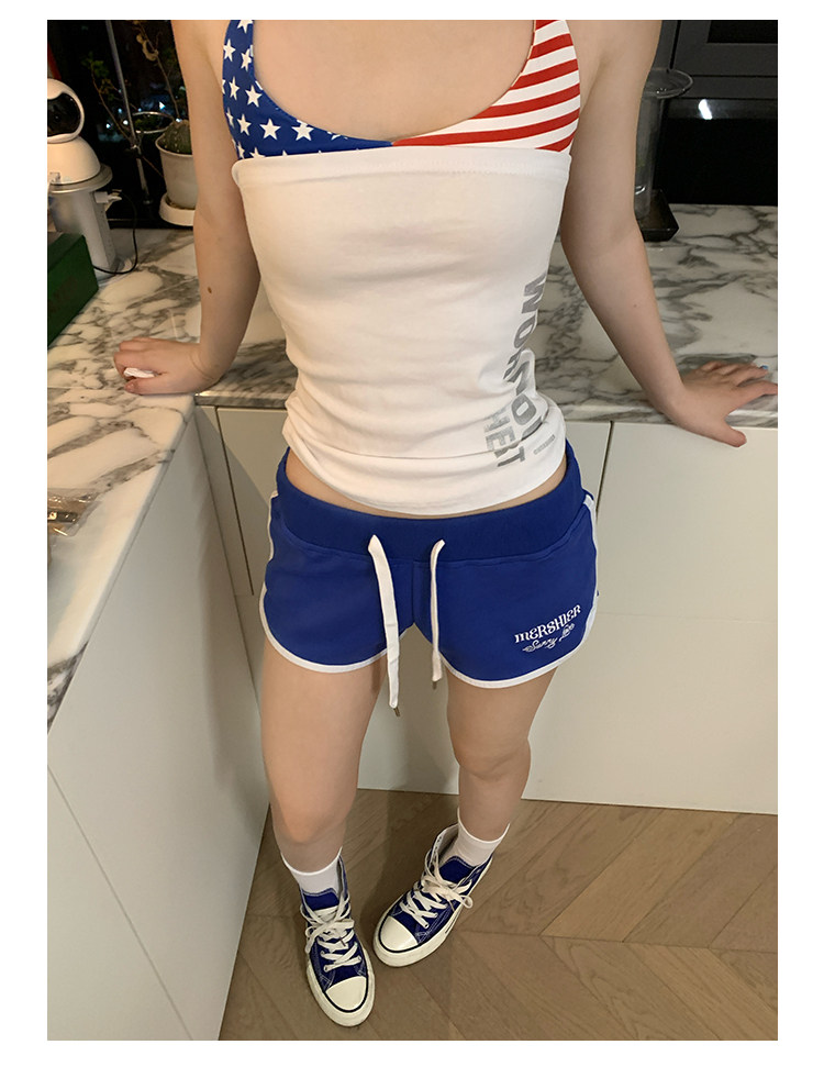 한국 스타일 아메리칸 자수 펌프 로프 허리밴드 3 점 바지 여성 핫걸 여름 캐주얼 운동 요가 편안함 반바지 트렌디