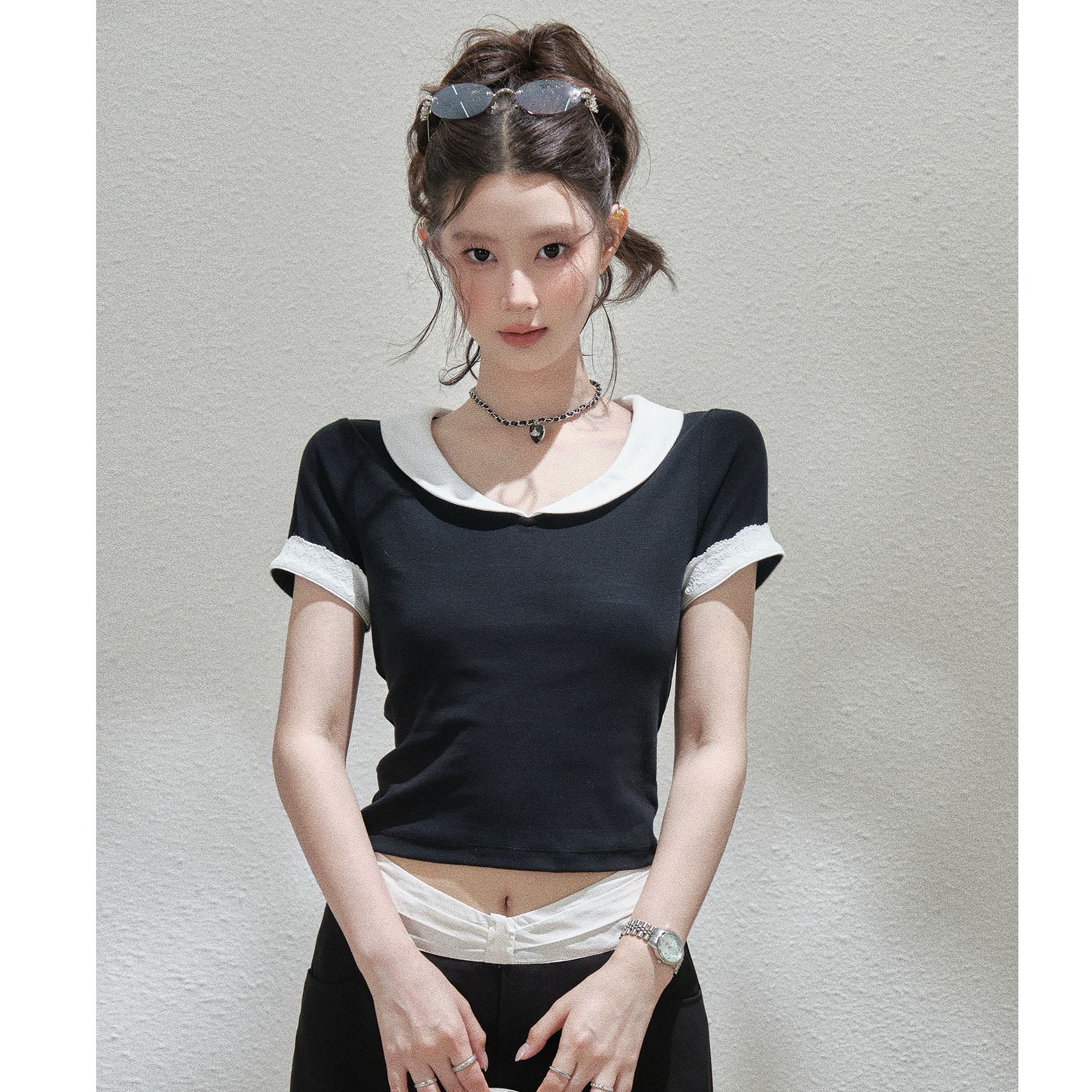 순면 한국 스타일 새로운 아메리칸 여름 배색 패치워크 베이비 칼라 반팔 쇼트 스타일 몸매 가꾸기 티셔츠 여성 슬림해 보이는 맨위