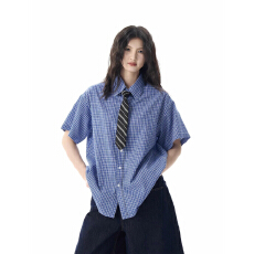 批发<b class='q'>韩版</b>美式复古蓝色格子短袖<b class='q'>衬衫</b><b class='q'>男</b>女高级感休闲宽松情侣<b class='q'>衬衣</b>上衣潮