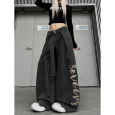 批发韩国chic美式打褶系带豹纹牛仔裤女复古休闲宽松显瘦拖地长<b class='q'>裤子</b>潮