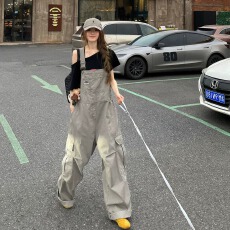 批发韩国chic工装<b class='q'>背带裤</b>女夏美式复古新款大口袋宽松设计感拖地阔腿裤
