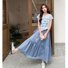 批发纯棉 韩版夏季新款学院风字母刺绣短袖T恤格子半裙套装女两件套潮