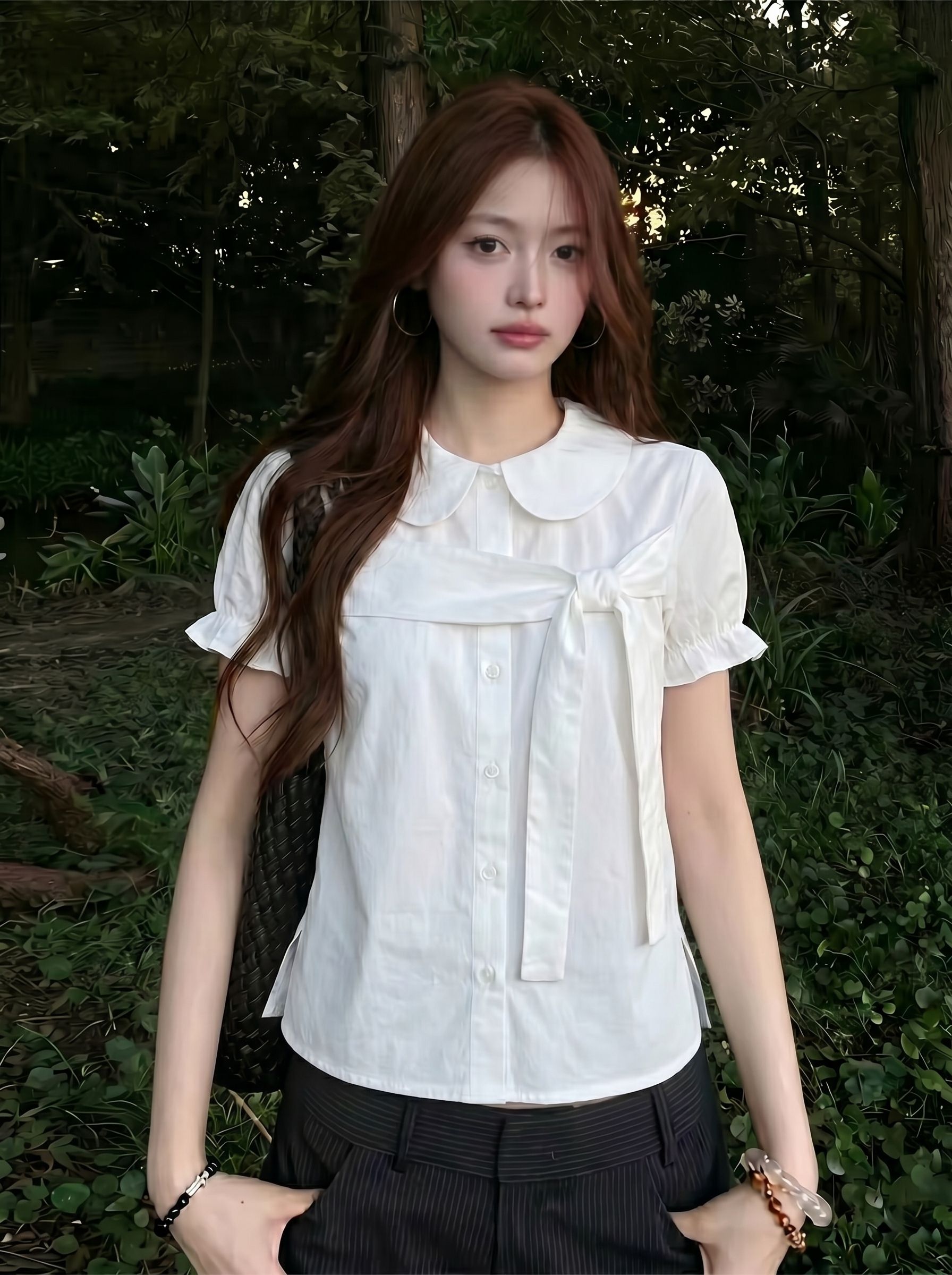 한 부서 레트로 학원 스타일 나비 매듭 POLO 칼라 작은 대중 반팔 여성 셔츠 여름 새로운 몸매 가꾸기 다용도 맨위