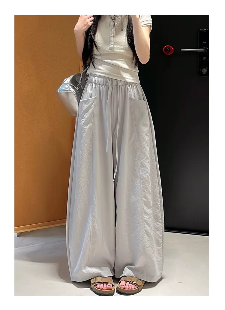 한국 chic 아메리칸 여름 얇은 스타일 미니멀리즘 바람 허리밴드 펌프 로프 느긋한 루즈핏 스트레이트 캐주얼 굴곡 바지 여성