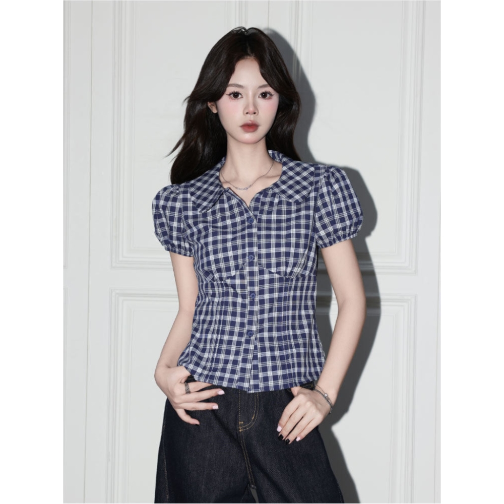 체크무늬 반팔 여성 셔츠 여름 새로운 디자인 센스 작은 대중 고유 한 Chic 핫걸 거품 소매 맨위 셔츠 트렌디