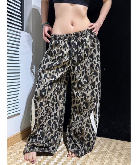 한국 chic 새로운 아메리칸 레트로 기사 바 레오파드 무늬 캐주얼 모통이 칼 긴 바지 여성 자수 넓은 다리 핫걸 웨이 바지