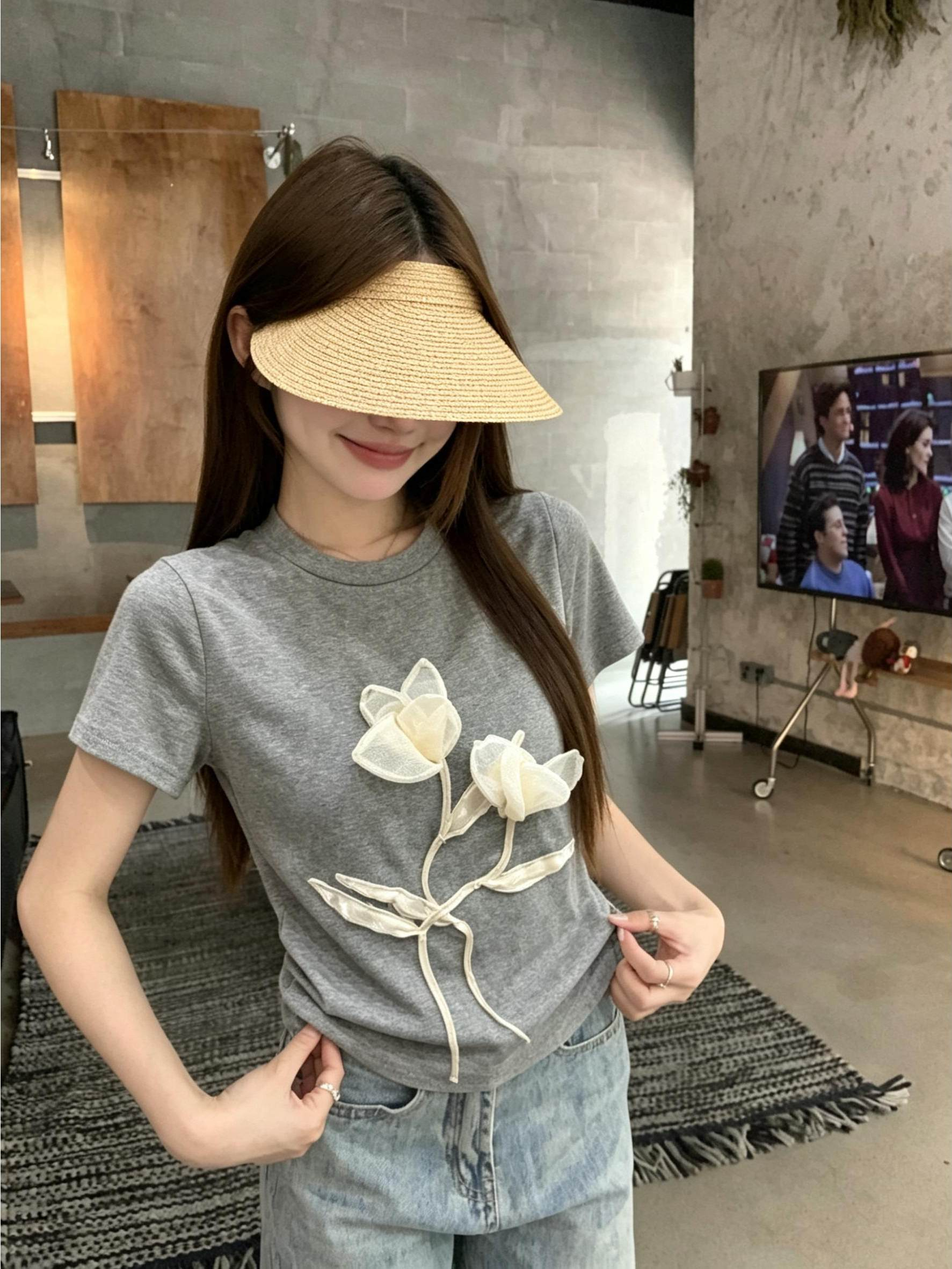 한국 스타일 아메리칸 핫걸 3 차원 꽃 긍정적 인 어깨 반팔 티셔츠 여성 여름 로드 중 루즈핏 슬림해 보이는 한 부서 다용도 맨위