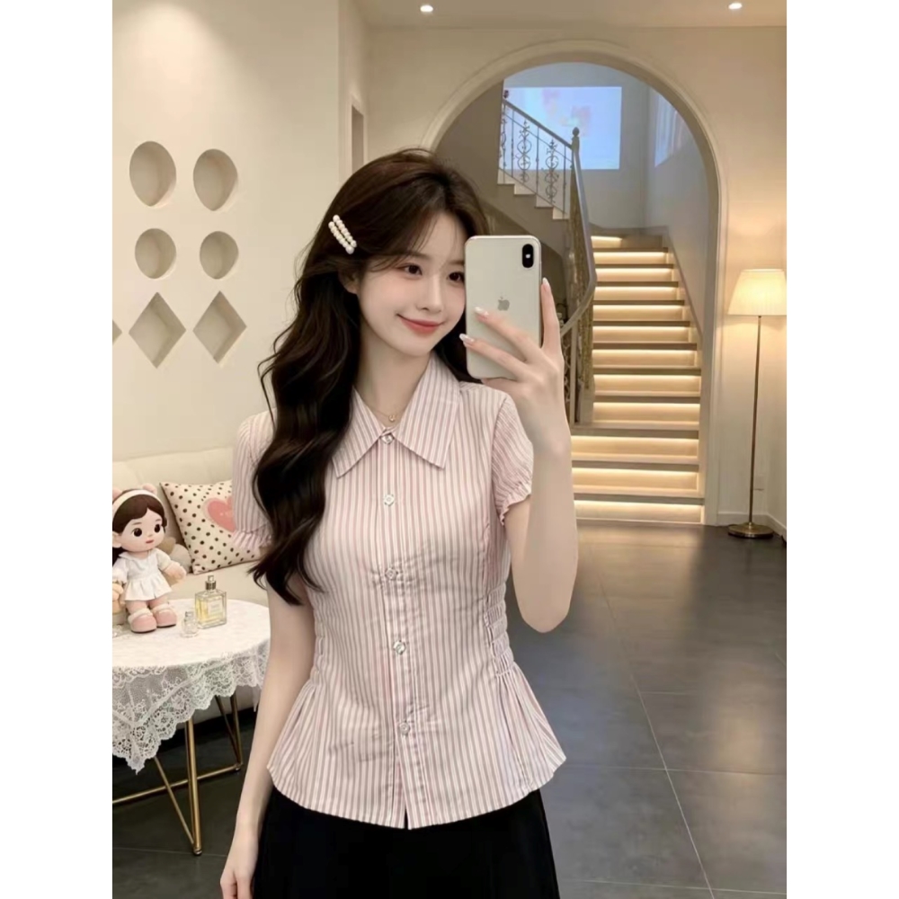 아메리칸 레트로 스트라이프 셔츠 반팔 여성 한 부서 학원 스타일 ins 트렌디 허리 수축 슬림해 보이는 짧은 맨위 여름 새로운