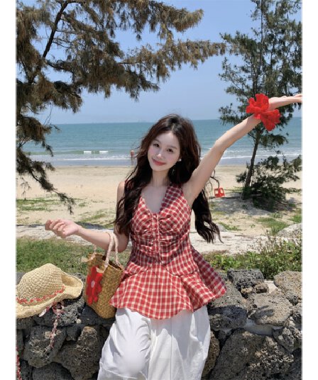 핫걸 바람 체크무늬 V넥 조끼 여성 의류 여름 한 부서 몸매 가꾸기 슬림해 보이는 주름 외출용 외국 가스 슬립 맨위 트렌디