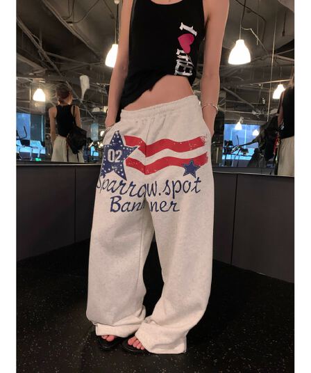 한국 chic 새로운 아메리칸 레트로 거리 캐주얼 바람 프린트 와이드 레깅스 바지 여름 루즈핏 슬림해 보이는 스트레이트 팬츠