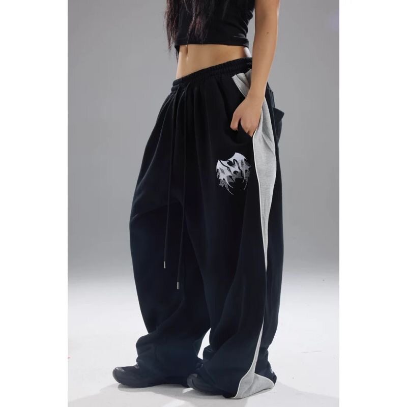 한국 chic 여름 아메리칸 핫픽스 측면 패치워크 logo 루즈핏 캐주얼 hiphop 스트리트 댄스 운동 웨이 바지 트렌디