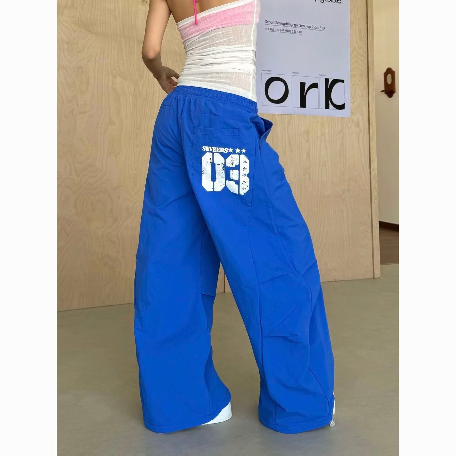 한국 chic 여름 아메리칸 캐주얼 운동 웨이 바지 여성 루즈핏 스트레이트 춤추기 재즈 댄스 바지 모통이 칼 와이드 레그 팬츠