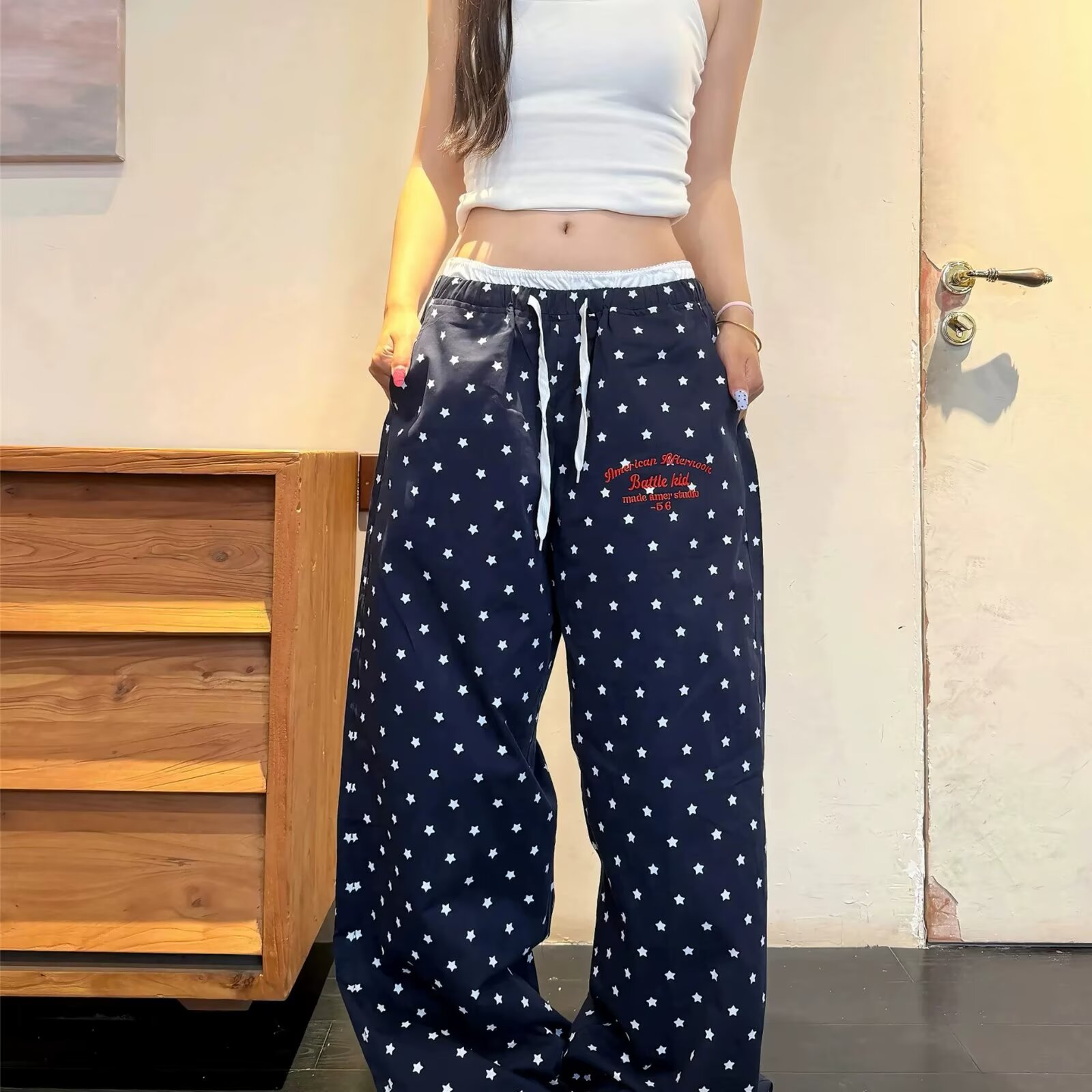 한국 chic 여름 아메리칸 도트 무늬 전체 인쇄 넓은 다리 웨이 바지 여성 루즈핏 캐주얼 느긋한 도루 센스 스트레이트 긴 바지 트렌디