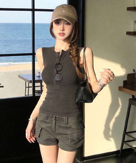 한국 스타일 아메리칸 패션 핫걸 헨리 칼라 민소매 조끼 여성 여름 새로운 디자인 센스 몸매 가꾸기 슬림해 보이는 맨위 트렌디