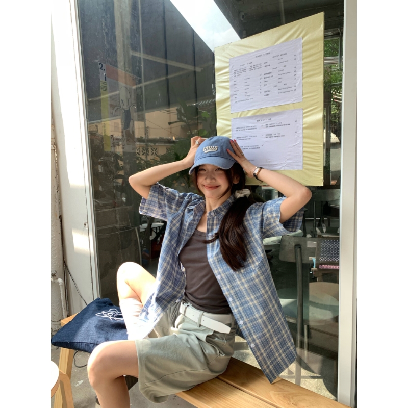 한국 스타일 아메리칸 레트로 여름 새로운 반팔 여성 루즈핏 슬림해 보이는 체크무늬 반팔 셔츠 여성 레저 다용도 맨위
