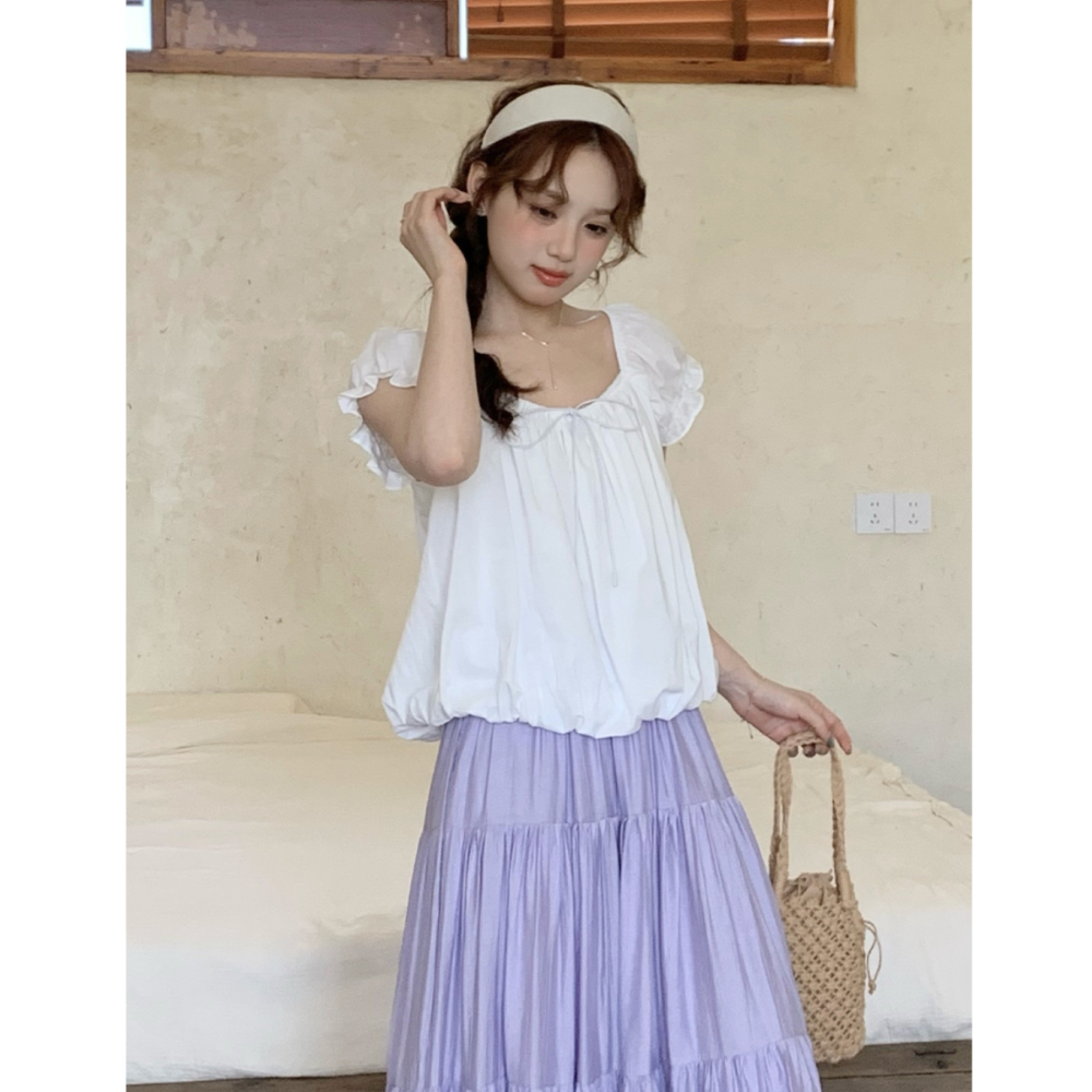 일본식 가을 어깨 거품 소매 광장 칼라 작은 셔츠 여성 여름 한 부서 달콤함 레이스업 명중 Pleat 꽃밭 센스 맨위 새로운 트렌디