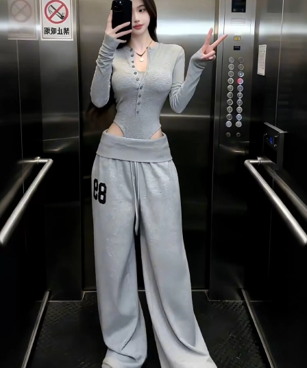 한국 chic 새로운 아메리칸 레트로 빛 아시아 인 캐주얼 뒤집다 측면 루즈핏 캐주얼 다용도 허리밴드 넓은 다리 웨이 바지 여성