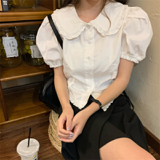 批发小个子白色短袖衬衫女夏季2026新款泡泡袖法式衬衣修身短款上衣潮