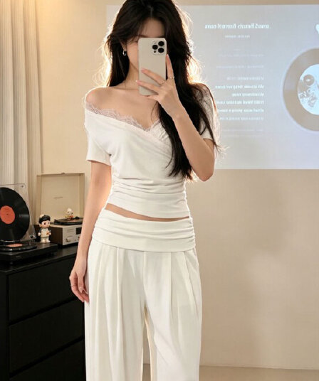 한국 chic 아메리칸 여름 새로운 V넥 허리 수축 슬림해 보이는 반팔 티셔츠 여성 작은 대중 아니요 명중 섹션 맨위 트렌디
